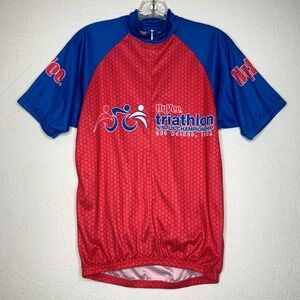 Hyvee Men's Cycling Shirt S Red Blue 1/2 Zip Short Sleeve Triathalon
